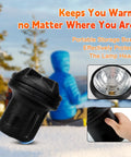 Portable storage box and lamp head of a portable propane heater for camping and outdoor spaces shown in a winter setting