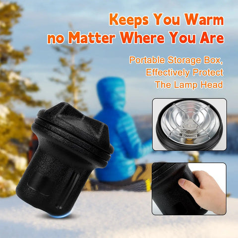 Portable storage box and lamp head of a portable propane heater for camping and outdoor spaces shown in a winter setting