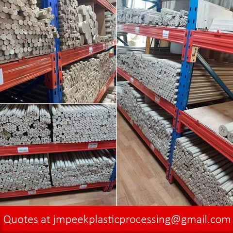 Shelves with various sizes of polymer rods, including Hard Wearing Polyether Ether Ketone Rod 25 Mm Diameter By 300 Mm Length For Custom Projects.