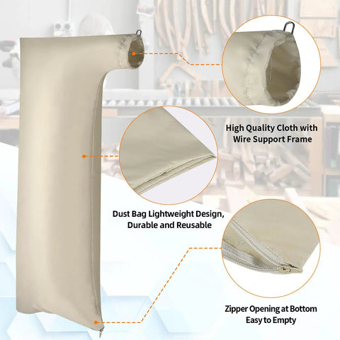 Extra Large Table Saw Dust Collector Bag Universal Fit For 10 Inch Power Tools With 2.5 Inch Port Hookup No Sweat Cleanup System Beige Heavy Duty Canvas Material with zip opening.