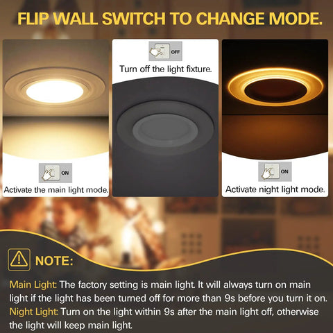 Instructional guide showing mode switch for 12 Pack 4 Inch 5CCT LED Recessed Ceiling Lights with Night Light CRI90.