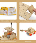 Step-by-step assembly of wooden STEM kits for kids aged 8-12 six build your own car and science projects pack with screwdriver included.