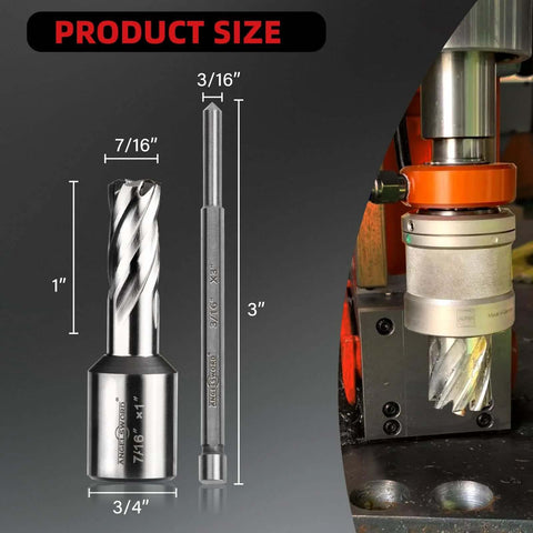Two-piece Angelsword HSS annular cutter set: 7/16 in dia, 1 in cutting depth, with 3/16 in x 3 in pilot pin