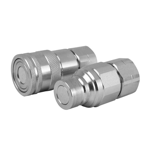 ISO 16028 hydraulic quick connect carbon steel couplings with dust caps, zinc plated for industrial use and rust resistance.