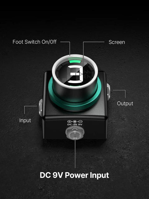 Top view of Guitar Tuner Pedal With Ultra Precise Plus Or Minus 0.5 Cent Tuning, Mini LED Display, Silent Tuning And True Bypass.