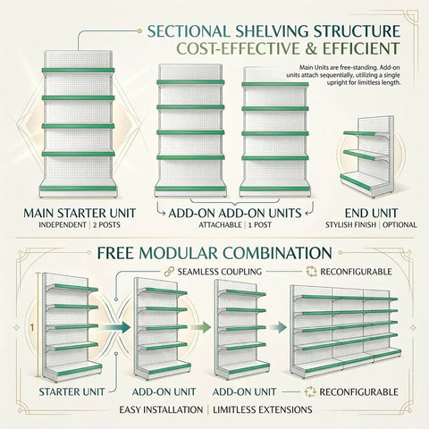Image of Heavy Duty Adjustable Gondola Shelving Unit Rock Solid Reinforced Steel showcasing sectional shelving structure configurations.