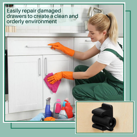 Woman cleaning kitchen cabinet and close-up of black plastic 8 pairs false drawer front clips with screws for cabinet hardware replacement drawer face and sink tip out snap fit durable plastic construction waterproof easy install ideal for home renovation projects.