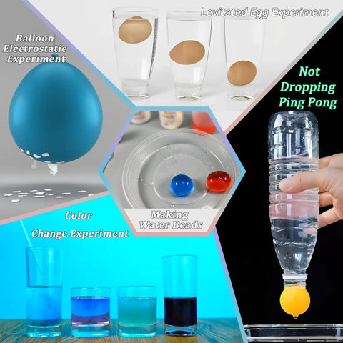 Hands On Science Lab Kit For Kids With 72 Plus Experiments Including Erupting Volcano Rainbow Rain And Artificial Snow Balloon Rocket And More Kid Friendly STEM Toy For Boys And Girls showing various experiments.