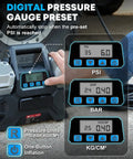 Digital pressure gauge on a Hassle Free 12 Volt Four Cylinder Fast Tire Inflator showing PSI, BAR, KG/CM2 settings.