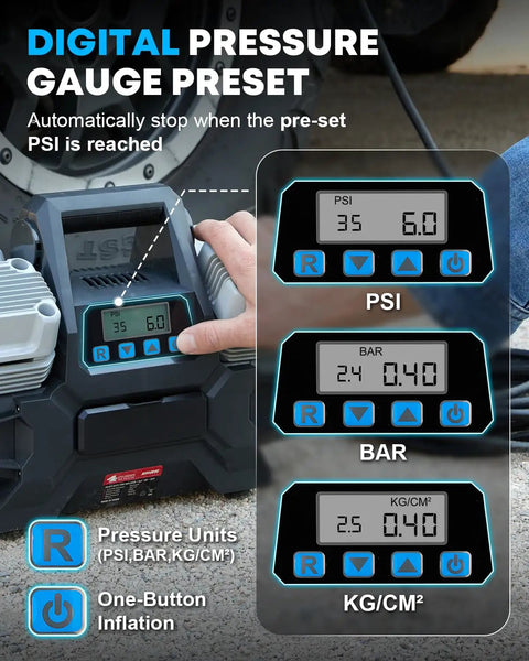 Digital pressure gauge on a Hassle Free 12 Volt Four Cylinder Fast Tire Inflator showing PSI, BAR, KG/CM2 settings.