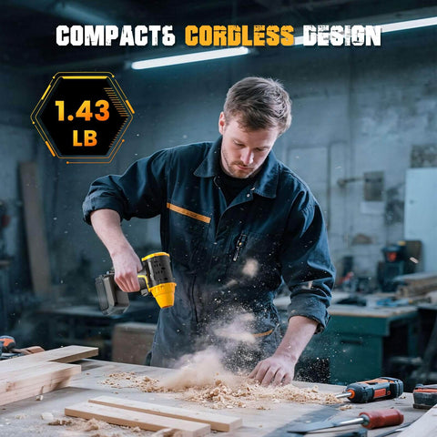 Man using Air Duster 380W Beast Power Brushless High Speed Motor 100,000 RPM Turbo Jet Fan in workshop, compact design