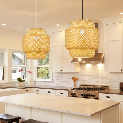 Hand Woven Rattan Pendant Light Fixture For Kitchen Island And Dining Areas Dope Boho Bamboo Hanging Lamp With Tropical Vibe Perfect For Living Rooms Reading Nook And Restaurant Ambiance 16 X 16.2 Inches hanging over a kitchen island.