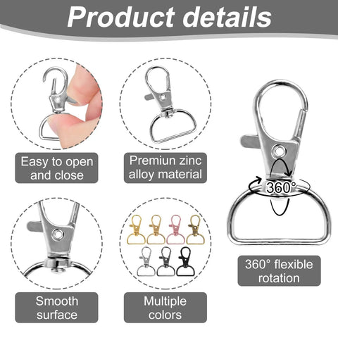 Top Shelf Swivel Clasp Clip Hooks 60 Pack For Keychain Making And Lanyards Featuring Badass D Ring metal hardware details.