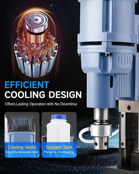 Beast Mode Magnetic Drill Press With 6 Drill Bits, 1550W Copper Motor, cooling system details, focusing on efficient cooling design