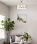 Sienna 15 Inch Sleek Modern Lattice Drum Semi Flush Mount Ceiling Light 3-Light Silver Finish in a cozy living room