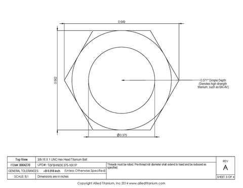 Top view engineering drawing of Pack Of 10 Badass 3/8-16 X 1 UNC Titanium Hex Head Bolts Grade 5 Ti-6Al-4V with dimensions.