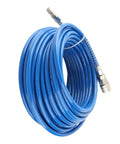 Straight Up Top Rated Heavy Duty Ultra Tough Air Compressor Hose Polyurethane Pneumatic Super Resilient Tubing Ideal For Construction Sites Auto Shops And Garages 20 Meters Long Quarter Inch NPT Blue Fittings Work Horse Gear Proven Performance. coiled blue polyurethane air compressor hose with metal quick connectors
