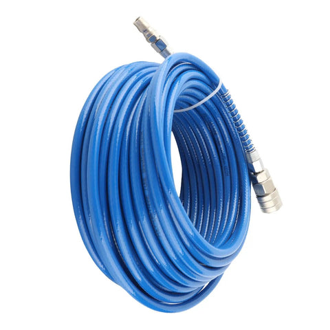 Straight Up Top Rated Heavy Duty Ultra Tough Air Compressor Hose Polyurethane Pneumatic Super Resilient Tubing Ideal For Construction Sites Auto Shops And Garages 20 Meters Long Quarter Inch NPT Blue Fittings Work Horse Gear Proven Performance. coiled blue polyurethane air compressor hose with metal quick connectors