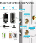 Sleek Matte Black Smart Deadbolt With Dual Lever Handles And Rock Solid App Control Plus No Sweat Keyless Entry Passcodes Apple Watch Pairing And Fast Auto Lock installation guide with measurements and compatibility details.
