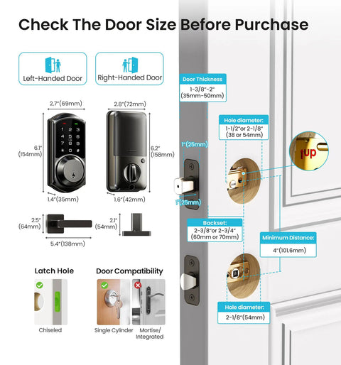 Sleek Matte Black Smart Deadbolt With Dual Lever Handles And Rock Solid App Control Plus No Sweat Keyless Entry Passcodes Apple Watch Pairing And Fast Auto Lock installation guide with measurements and compatibility details.