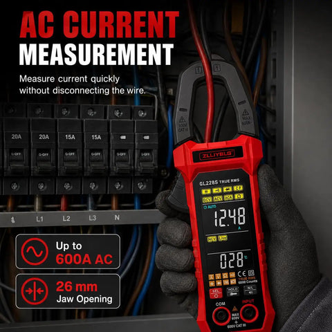 Pro Grade True RMS Clamp Meter For DIY And Pros 6000 Counts Multimeter Measures AC DC Voltage And 600A Current NCV Live Wire Detector Auto Range Overload Protection Capacitance Resistance Diode Test Handy For Home And Industrial Repairs, red clamp meter in panel