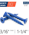 3/16 By 1-1/4 Concrete Screws With 5/32 Drill Bit, Flat Head Masonry Anchors For Brick, Block, Cement Or Stucco, Blue Coated