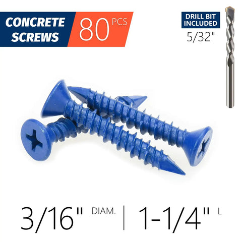 3/16 By 1-1/4 Concrete Screws With 5/32 Drill Bit, Flat Head Masonry Anchors For Brick, Block, Cement Or Stucco, Blue Coated