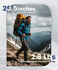Hiker with backpack in mountains highlighting 20.5 inch fold and 2.8 lbs weight, Heavy Duty Aluminum Camera Tripod Stand For DSLR, Mirrorless, Smartphone And GoPro Adjustable 20 To 74 Inch Height, 360 Degree Pan Head, Stable 8.8 Lb Load, Lightweight Travel Pro For Vloggers And Photographers.