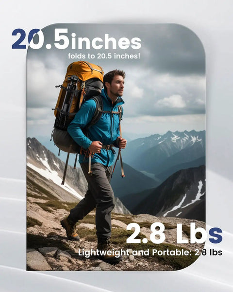 Hiker with backpack in mountains highlighting 20.5 inch fold and 2.8 lbs weight, Heavy Duty Aluminum Camera Tripod Stand For DSLR, Mirrorless, Smartphone And GoPro Adjustable 20 To 74 Inch Height, 360 Degree Pan Head, Stable 8.8 Lb Load, Lightweight Travel Pro For Vloggers And Photographers.