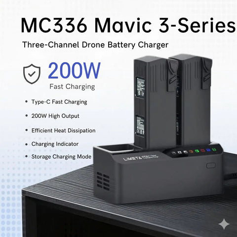 Mavic 3 Pro Three Channel 200W Fast Charging Hub for Batteries and Controller on desk display with dual battery setup.