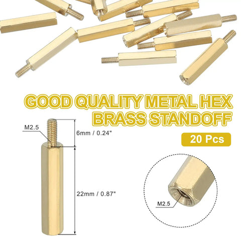Top Shelf Brass PCB Standoff Spacers M2.5 X 22+6Mm Hex Female Thread Badass Hardware Kit For FPV Drones Quadcopters And Computer Boards 20 Piece Set, brass spacers in various angles.