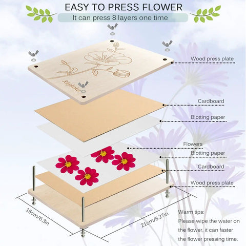 Pro Grade Eight Layer Flower Press Kit 6.3 By 8.3 Inch Wooden Flower Press with plates and blotting sheets for DIY bouquets