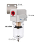 One Quarter Inch NPT Compressed Air Line Filter With Five Micron Brass Element Bracket Poly Bowl Semi Auto Drain 145 Psi Max Inlet