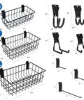 Ultimate Slatwall Storage Kit For Garage And Shop Organization With 3 Baskets And 26 Heavy Duty Hooks Multisized Slat Wall Accessories Set For Tidy Walls Racks And Shelves, showing wire baskets and hooks in various sizes.
