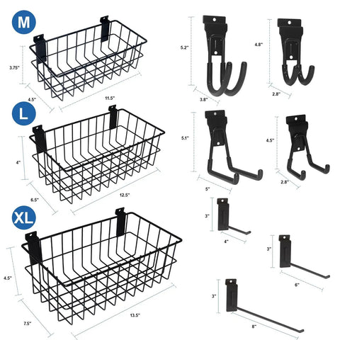 Ultimate Slatwall Storage Kit For Garage And Shop Organization With 3 Baskets And 26 Heavy Duty Hooks Multisized Slat Wall Accessories Set For Tidy Walls Racks And Shelves, showing wire baskets and hooks in various sizes.