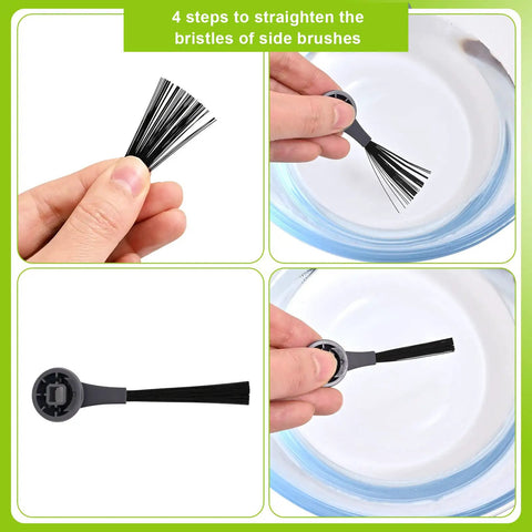 Four steps to straighten side brushes for Replacement Parts Kit For IQ Series Robot Vacuum That Is Plug And Play, Compatible With AV1010AE R101AE RV1001AE AV911S AV993 AV992 AV1002AE RV100AE RV1000 UR1000SR Models Easy To Install And Use
