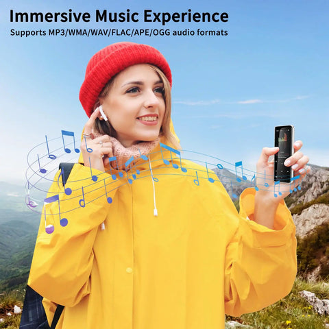 Person in a yellow jacket using 96GB MP3 Player With Bluetooth Five Point Two On The Go Portable Music Player.