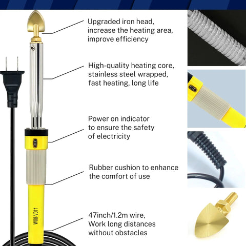 Close-up of 110V 80W Plastic Welder Kit with detailed annotations on parts, including heating core, iron head, and power cord.