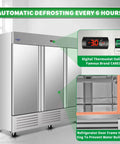 No Sweat Heavy Duty Commercial Reach In Upright Freezer 72 Cubic Feet Stainless Steel, featuring digital thermostat and automatic defrost.
