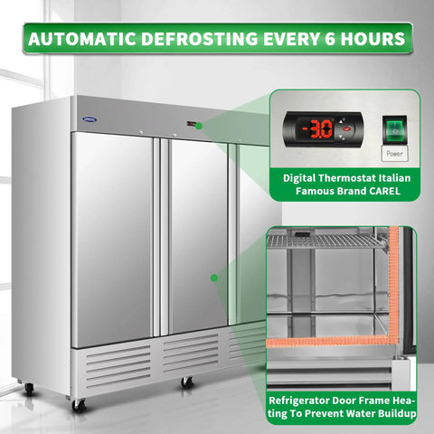 No Sweat Heavy Duty Commercial Reach In Upright Freezer 72 Cubic Feet Stainless Steel, featuring digital thermostat and automatic defrost.