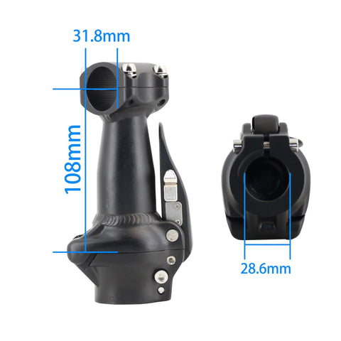 Aluminum Folding Bicycle Stem for Folding Bikes and Electric Bicycles, 108mm Length, 31.8mm Clamp, side and top view with measurements