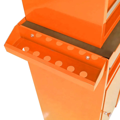 Close-up of the side view of a bright orange Five Drawer Portable Rolling Tool Chest On Wheels With Huge Capacity Storage