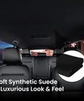 Topfurn black suede headliner fabric with foam backing, 122x60 in, for auto interiors; installed in car with fabric roll sample