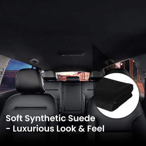 Topfurn black suede headliner fabric with foam backing, 122x60 in, for auto interiors; installed in car with fabric roll sample