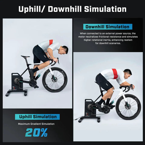 Cyclist using High-Power Indoor Bike Trainer with 2200W Brushless Motor, showing uphill and downhill simulation at 20% gradient.