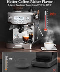 Silver All-In-One Espresso Machine with Built-In Grinder, brewing espresso with steam at 205°F, featuring a 15-bar pump.