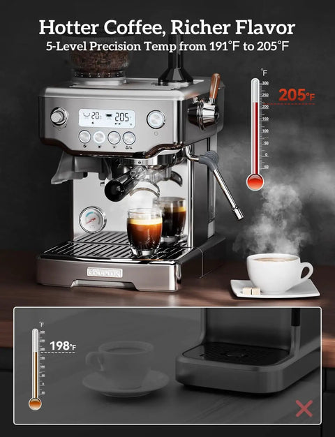 Silver All-In-One Espresso Machine with Built-In Grinder, brewing espresso with steam at 205°F, featuring a 15-bar pump.