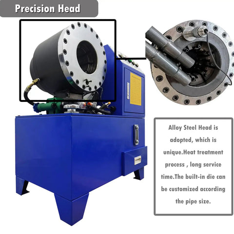 Heavy Duty Electric Hose Crimping Machine And Hydraulic Tube Neck Shrinking Tool With Ten Precision Dies For Rubber Pipe Clamping Press 220V No Sweat Grind Master showing alloy steel precision head.