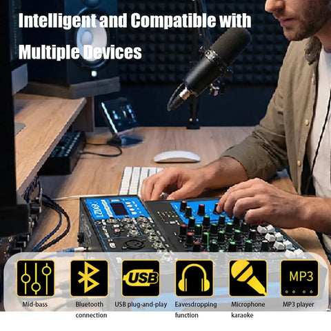 Person using 4 Channel DJ Mixer Board With Bluetooth USB Audio Interface And 48V Phantom Power at a desk, showing multiple device compatibility.