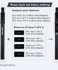 Beefed Up Suspension Seatpost For Bike With 40mm Travel And Adjustable Rebound, size chart with shim adapter details, black.